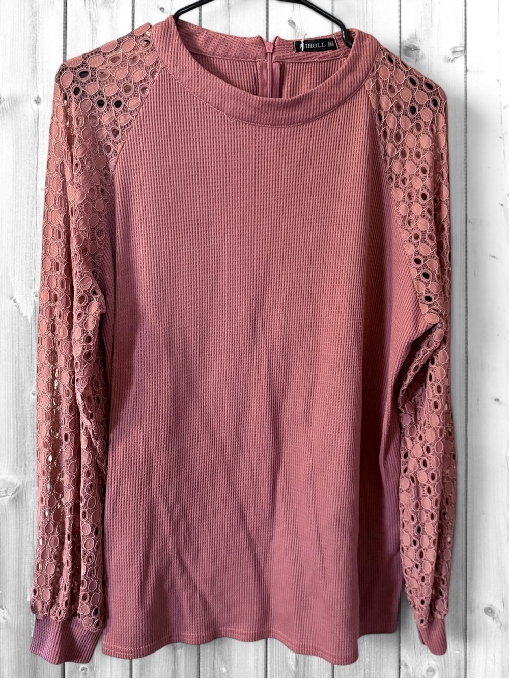 🌸Miholl Crochet-Sleeve Ribbed Long-Sleeve Top - Mauve Pink